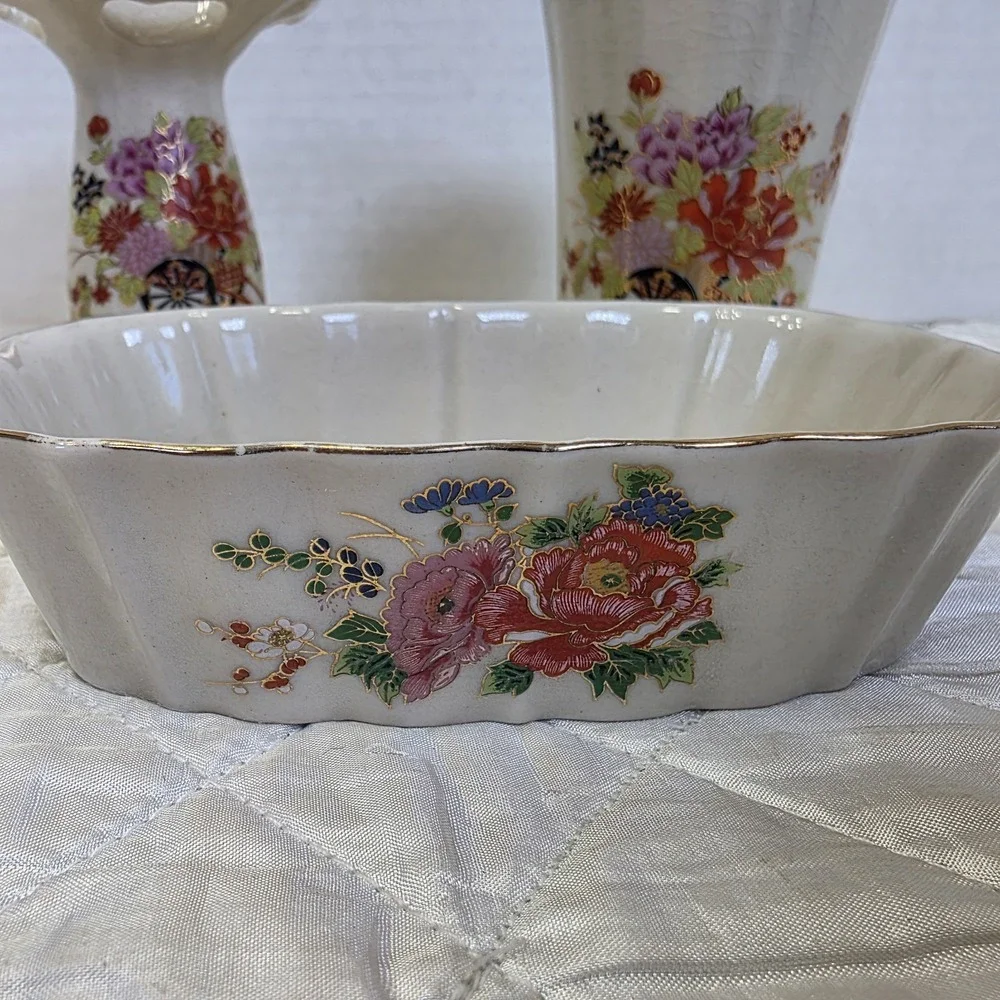 Vintage Porcelain 3 Piece Bathroom Set Japan Cup Toothbrush Holder Soap Dish